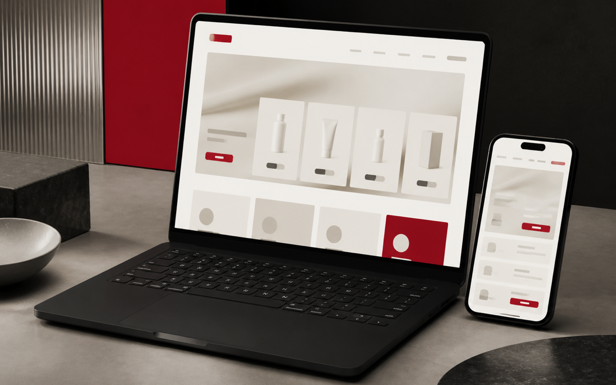 Anonymisierte B2B-Plattform für ästhetische Medizin auf Laptop und Smartphone